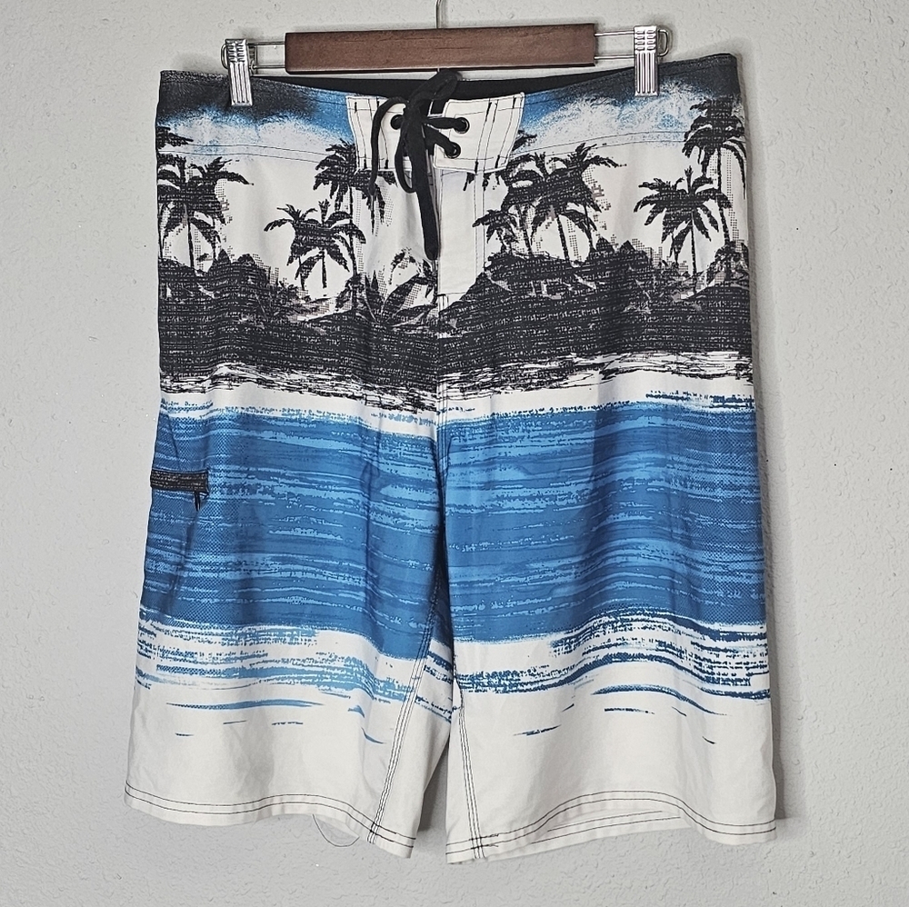 Burnside Mens Blue Tropical Palm Tree Board Shorts Swim Trunks Size 34